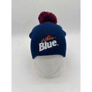 Labatt Blue Knit Beanie Winter Hat with Pom Embroidered Logo Cuffed Toque